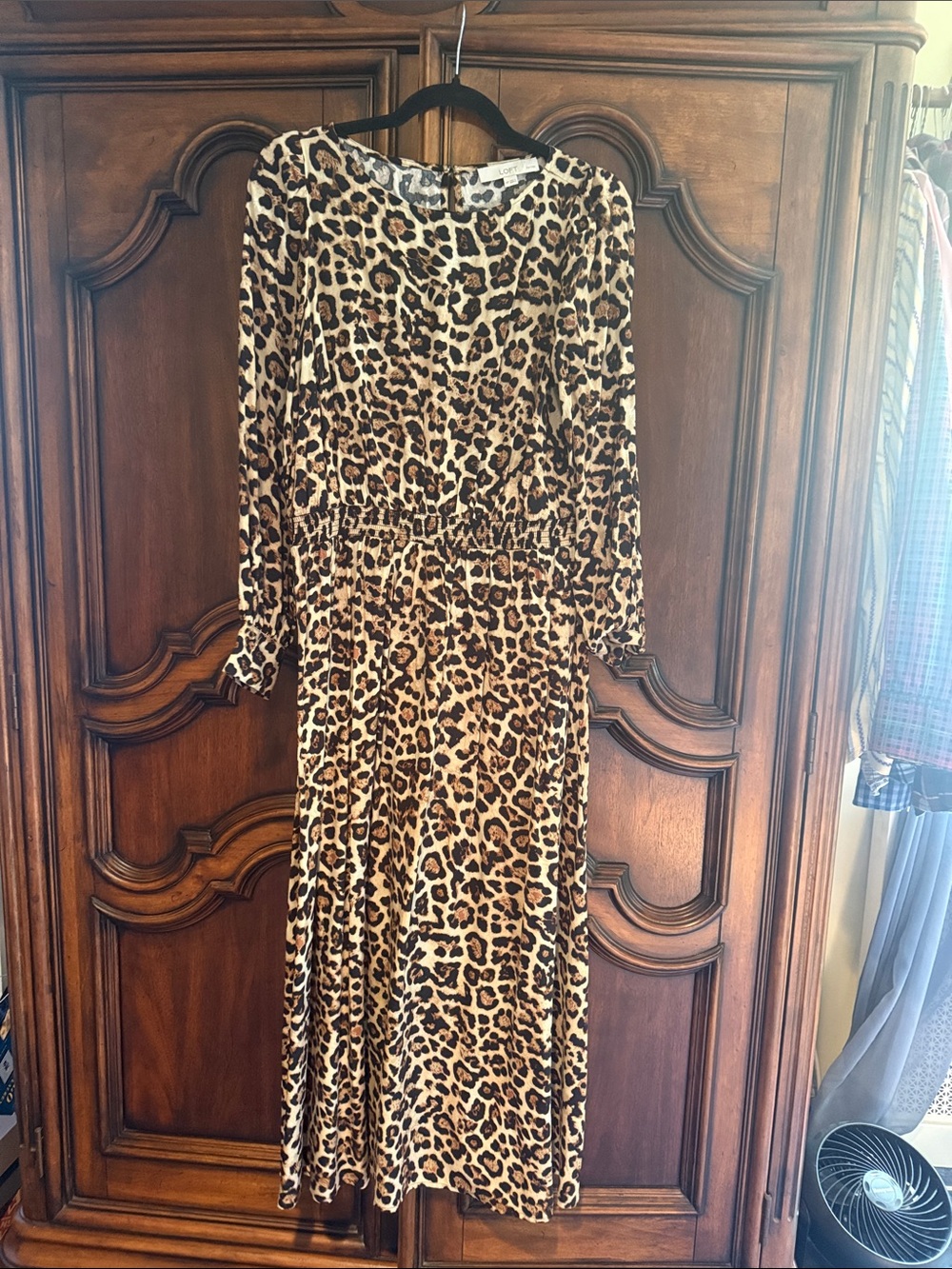 LOFT Leopard Print Long Sleeve Midi Dress in Tan and Brown. Like new. Worn once